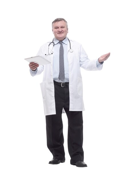 In full growth.competent doctor with clipboard. isolated on a white background.