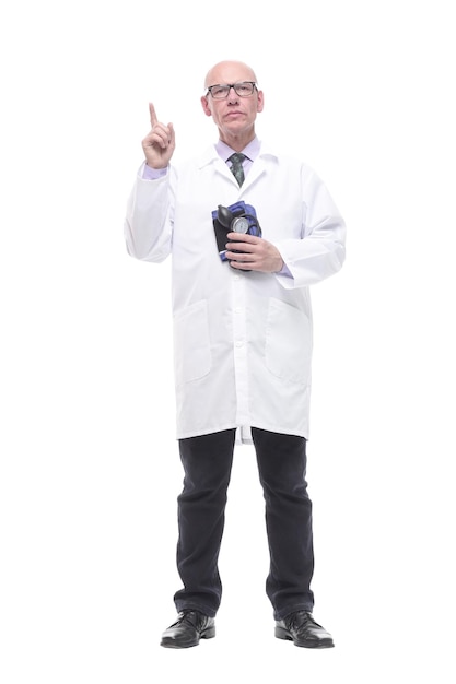 In full growth. competent doctor with a tonometer . isolated on a white background.