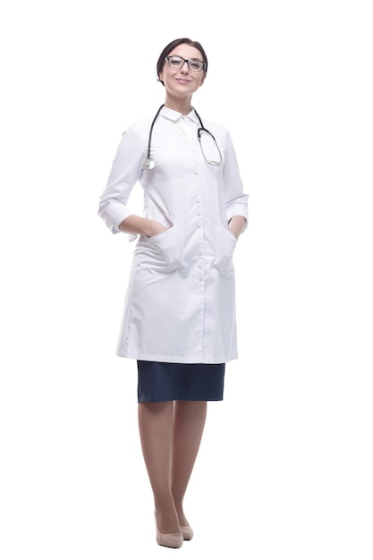 In full growth confident female doctor with a stethoscope