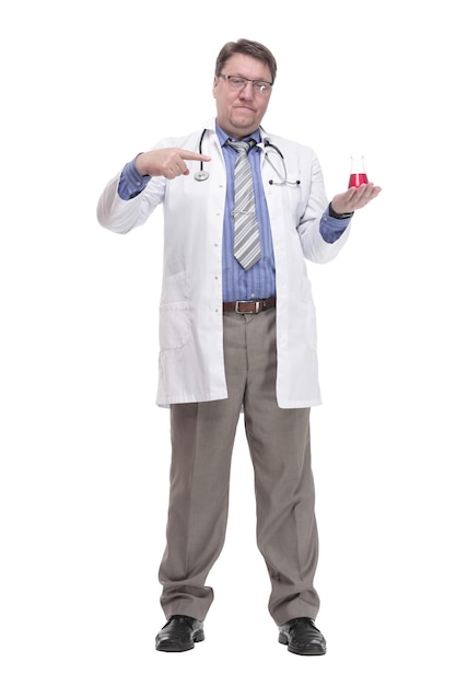 In full growth General practitioner with a laboratory flask