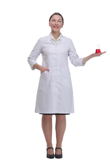 In full growth medical woman with a laboratory flask