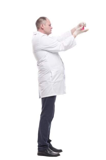 In full growth researcher with a laboratory flask in his hands