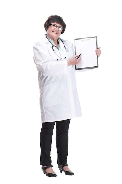 In full growth senior female doctor with clipboard