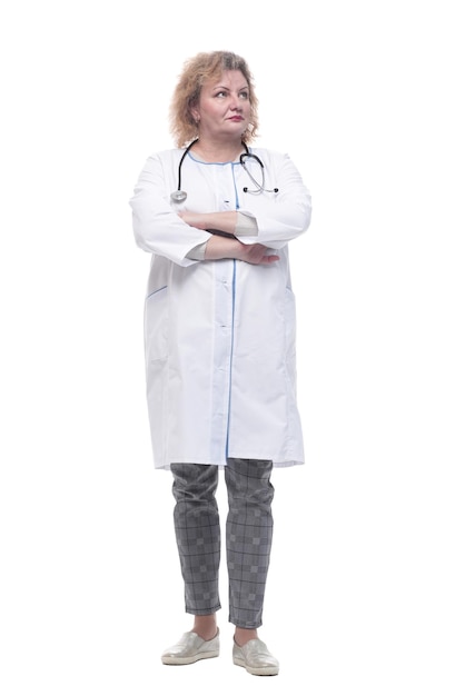 in full growth.senior female doctor with a stethoscope. isolated on a white background.