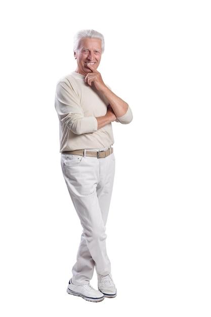 Full growth senior man posing on white background