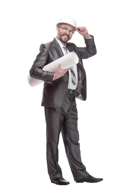 in full growth. smiling business man with drawings. isolated on a white background.