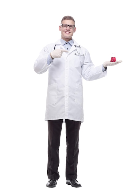 In full growth smiling doctor with a laboratory flask