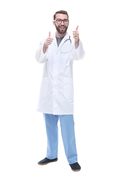 In full growth smiling male doctor showing thumbs up