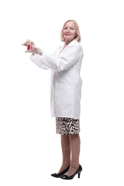 In full growth smiling medical woman with a laboratory flask