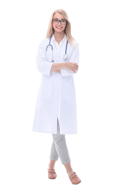 Full growth smiling woman doctor with stethoscope