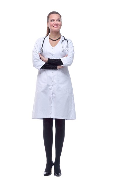 In full growth smiling woman doctor with a stethoscope