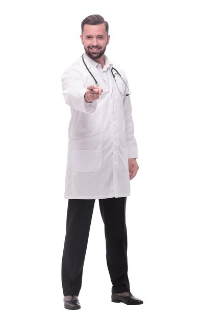 In full growth a successful doctor therapist is pointing at you