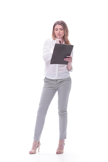 In full growth young business woman with clipboard