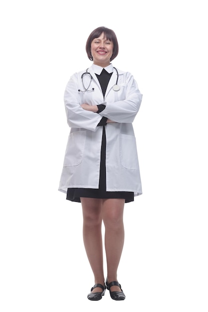 Полный рост молодая женщина-врач со стетоскопом