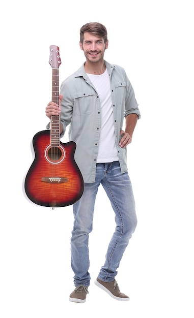 In full growtha young man with a guitarisolated on white background