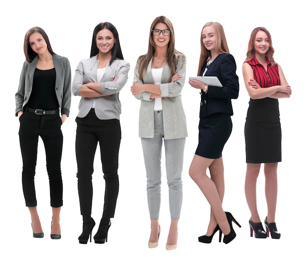 Photo in full growthboss and his business team standing together isolated on white background