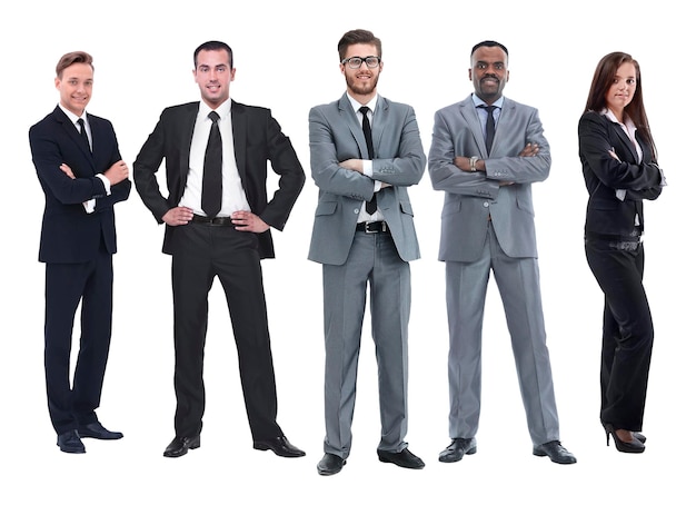 In full growthboss and his business team standing together isolated on white background