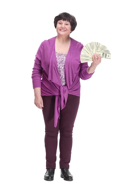 In full growthhappy senior woman with dollar bills