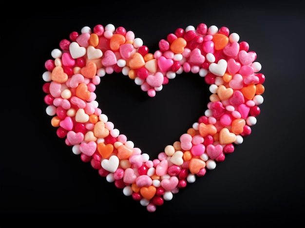 Photo full heart shape made of assorted colorful candies