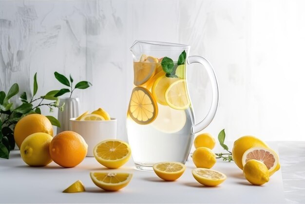 흰색 부엌 배경에 레몬 조각과 민트가 있는 순수한 물 한 병