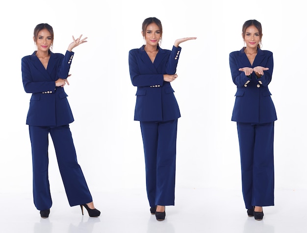 Full length of 20s asian business woman wear blue office look\
with high heel shoes. female stand confident feeling smile happy\
for business meeting client. white background isolated