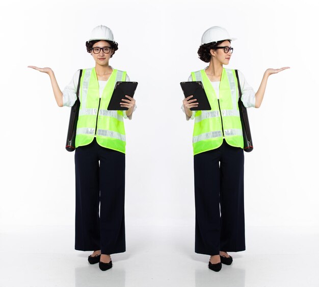 Full length 30s 40s Asian Woman Engineer Architecture Industry showing empty palm hand