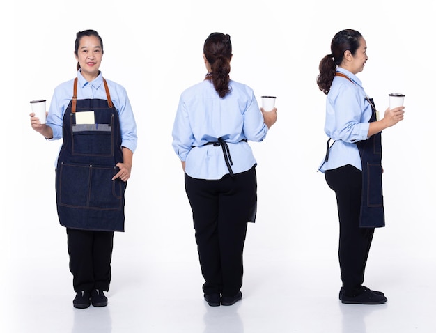 Full length 40s 50s Asian Senior Woman coffee barista waitress 360 front side back rear