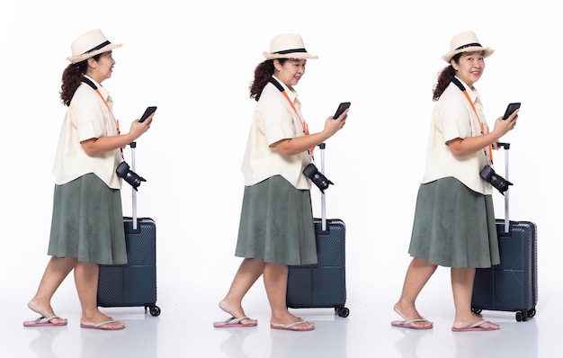 Full length 40s 50s Asian Senior Woman vacation tourist walking forward left right