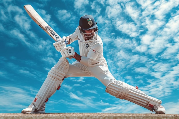 Full length of batsman playing cricket on pitch against blue sky