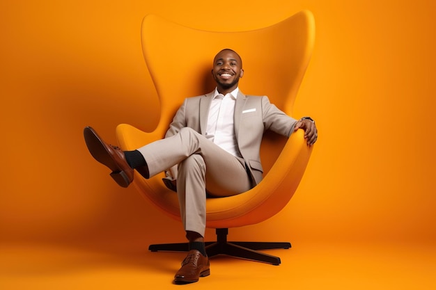 Full length body cadre of satisfied african american businessman sitting psychotherapist session comfortable armchair isolated on orange color background