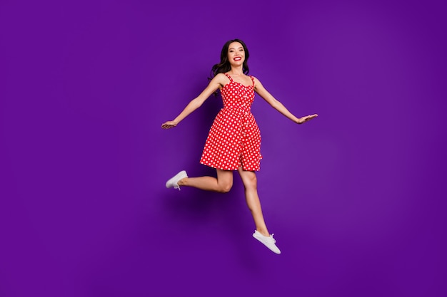 Full length body size view of her she nice attractive lovely cheerful cheery wavy-haired girl jumping