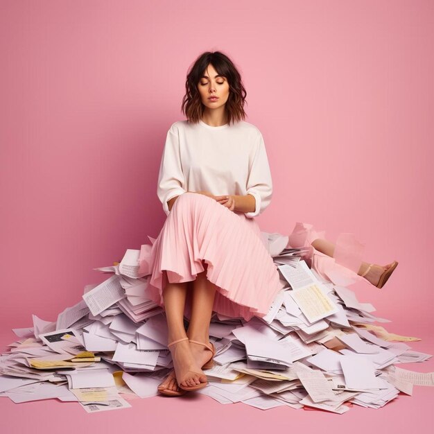 full length body size view of pretty miserable girl sitting with stack waste holding help card