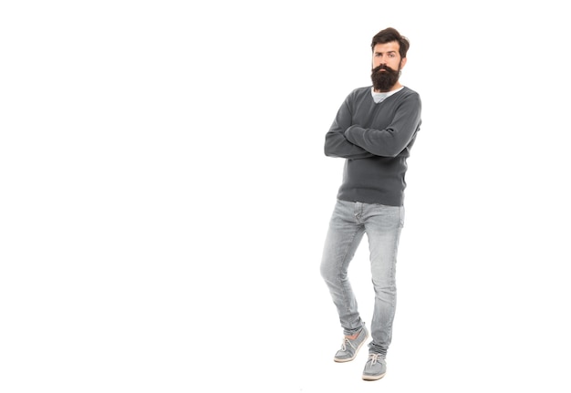 Full length of brutal hipster with beard isolated on white background with copy space beard