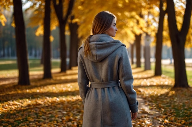 Foto lunghezza completa della copertina donna in cappotto grigio posando le braccia sollevate in autunno parco vista posteriore da dietro wo sottile