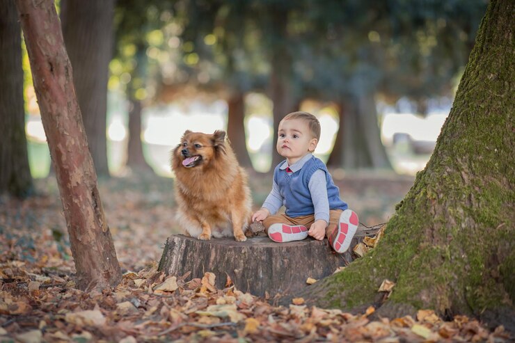 Photo full length of cute baby boy with dog sitting on tree stump