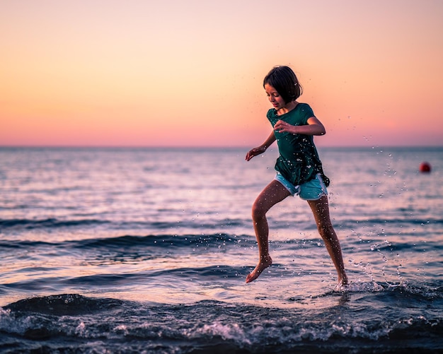 Photo full length of girl on beach against sky during sunset