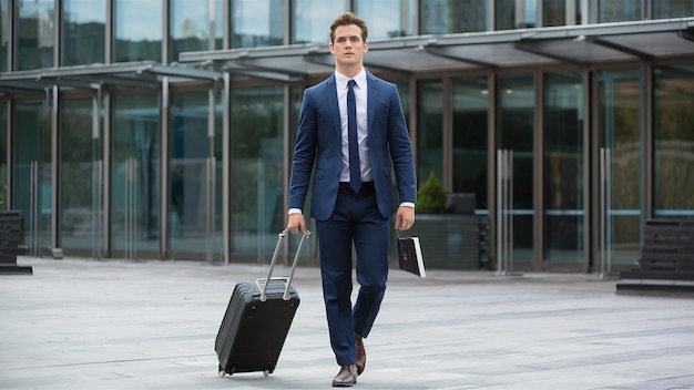 Full length of handsome young man in suit walking with luggage outside office building