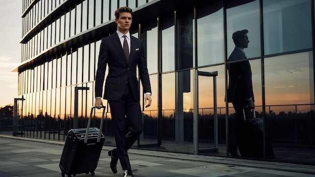 Full length of handsome young man in suit walking with luggage outside office building