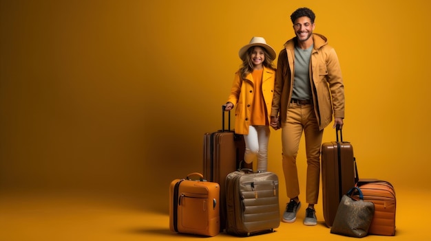 Full length of happy father and daughter with suitcases looking at camera on yellow background