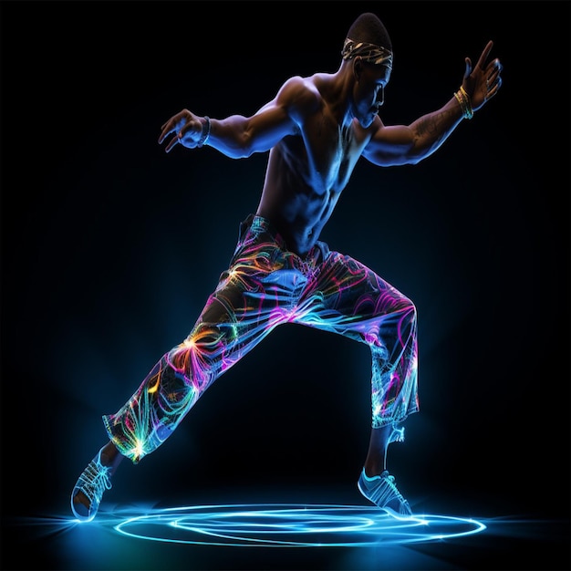 Full length human made from glowing edges and polygons