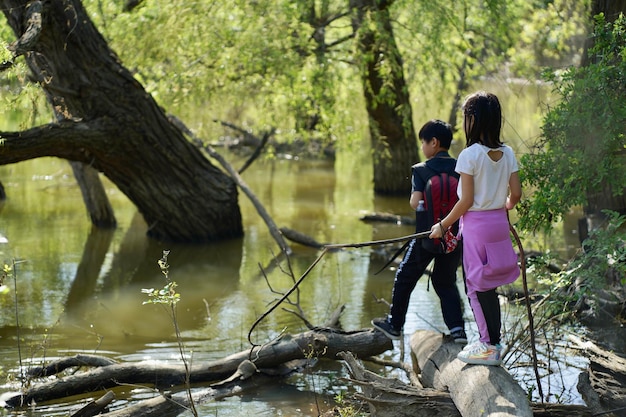 Photo full length of kids on lake amidst trees