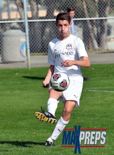 Full length of man playing soccer on field