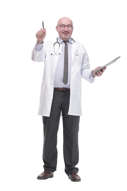 Full-length. mature doctor with clipboard .isolated on a white background.