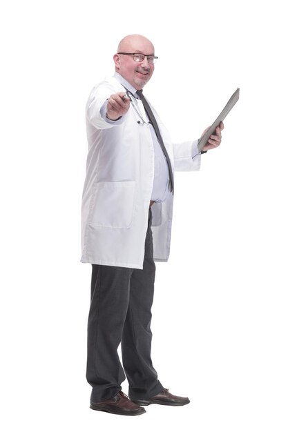 Full-length. mature doctor with clipboard .isolated on a white background.