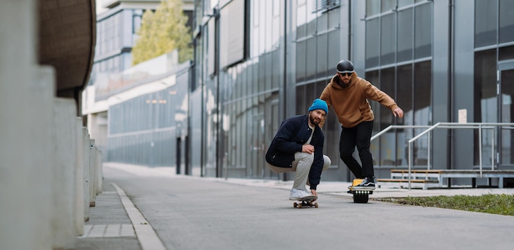 Photo full length of men skating on street