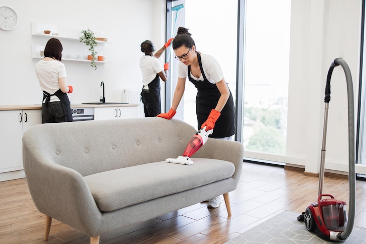 Photo full length of multiethnic young cleaner vacuuming sofa