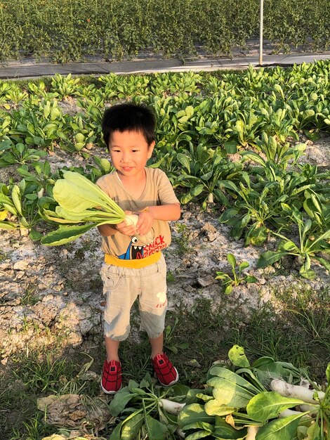 写真 野原で食べ物を握っている男の子の全長