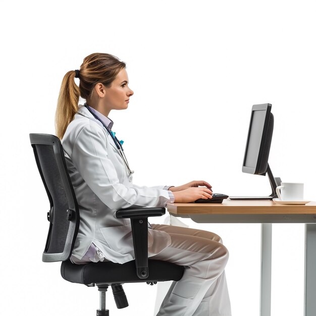 Full length photo of beautiful doc lady use modern technology notebook on table attentive read patient prescription wear white lab coat highheels sit chair office clinic indoors