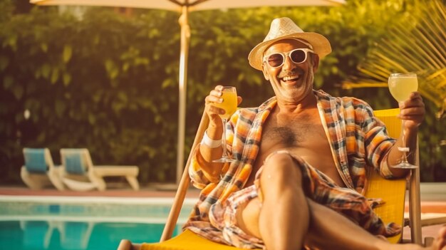 Foto foto completa di pensionato spensierato positivo indossare abiti trendy colorati divertirsi andare spazio vuoto