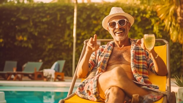 Foto completa di pensionato spensierato positivo indossare abiti trendy colorati divertirsi andare spazio vuoto